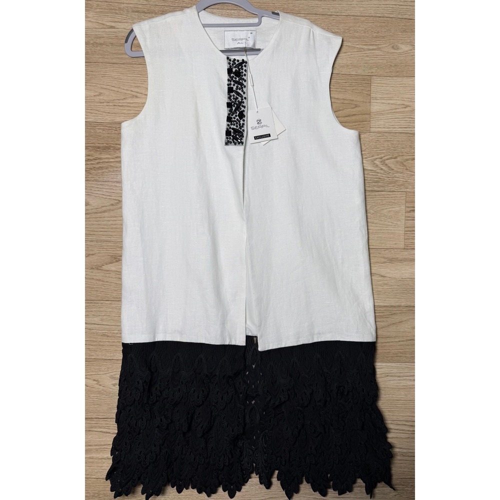 SERPIL Exclusive White Sleeveless Dress w/ Black Lace Hem – NWT Size 38/8‎